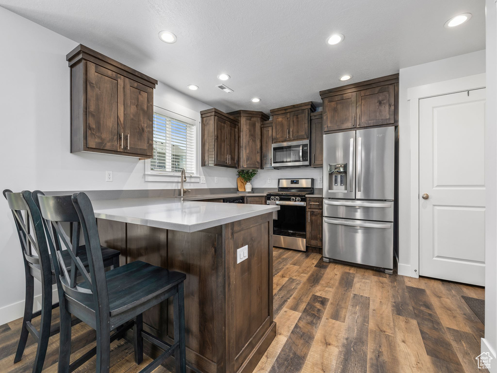 Kitchen with stainless steel appliances, a peninsula, dark brown cabinetry, a kitchen bar, and recessed lighting
