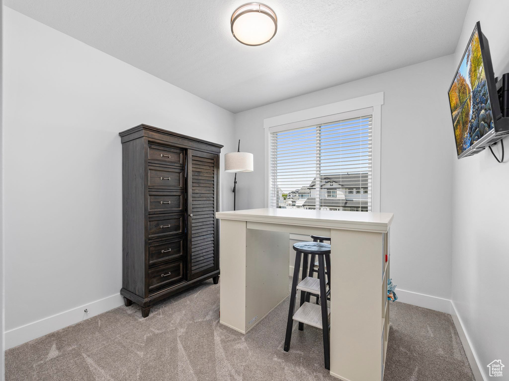 Office area with baseboards and light colored carpet