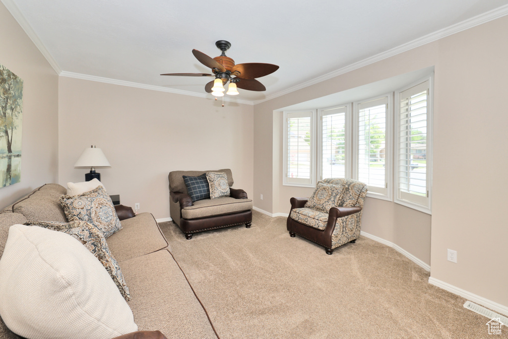 Living area with ornamental molding, plenty of natural light, a ceiling fan, carpet, and baseboards
