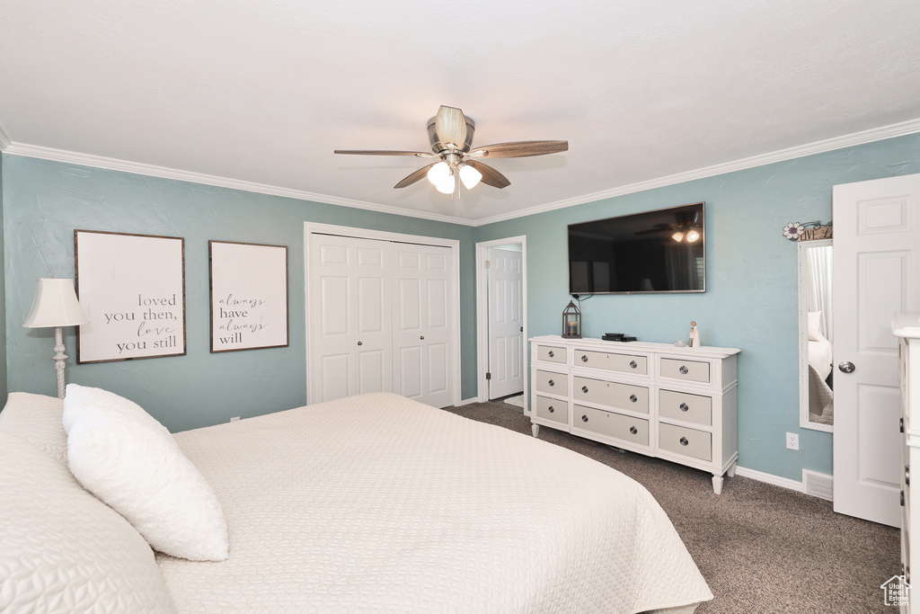 Bedroom featuring ornamental molding, dark carpet, a closet, a ceiling fan, and baseboards