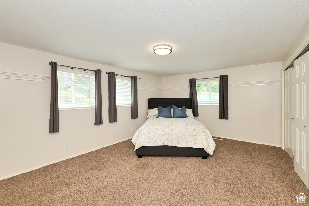 Bedroom featuring carpet, a closet, and baseboards