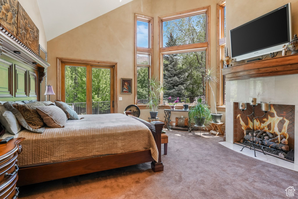 Bedroom with a high ceiling, carpet floors, and access to outside