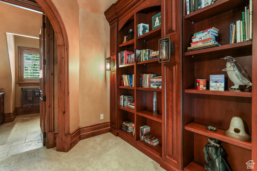 Detailed view of baseboards and carpet floors