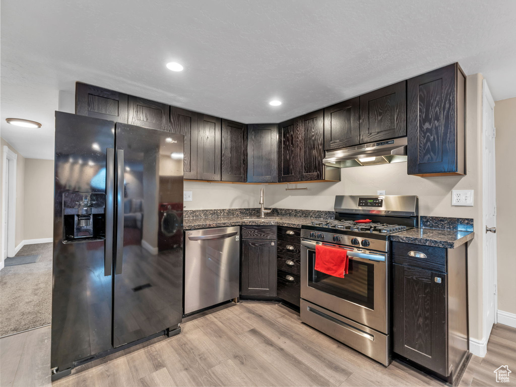Kitchen with stainless steel appliances, under cabinet range hood, light wood finished floors, and recessed lighting