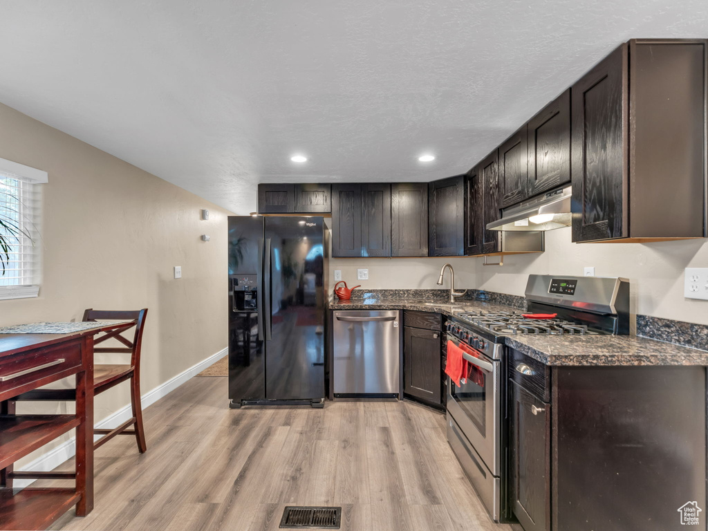 Kitchen featuring appliances with stainless steel finishes, under cabinet range hood, a sink, light wood-type flooring, and recessed lighting
