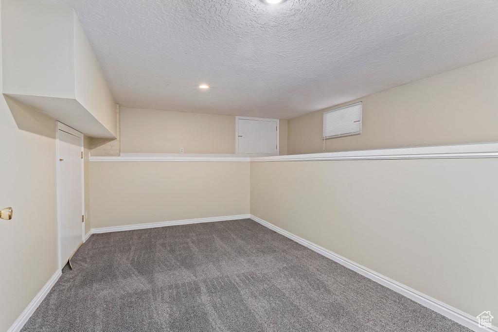Finished below grade area featuring carpet, a textured ceiling, baseboards, and recessed lighting