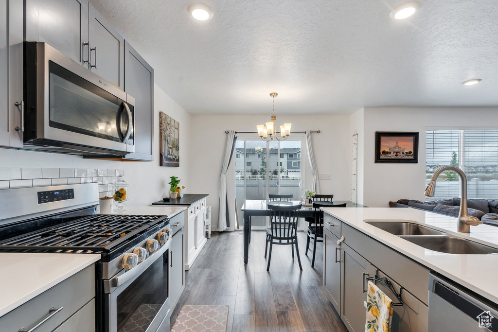 Kitchen featuring appliances with stainless steel finishes, gray cabinets, a sink, dark wood finished floors, and a chandelier