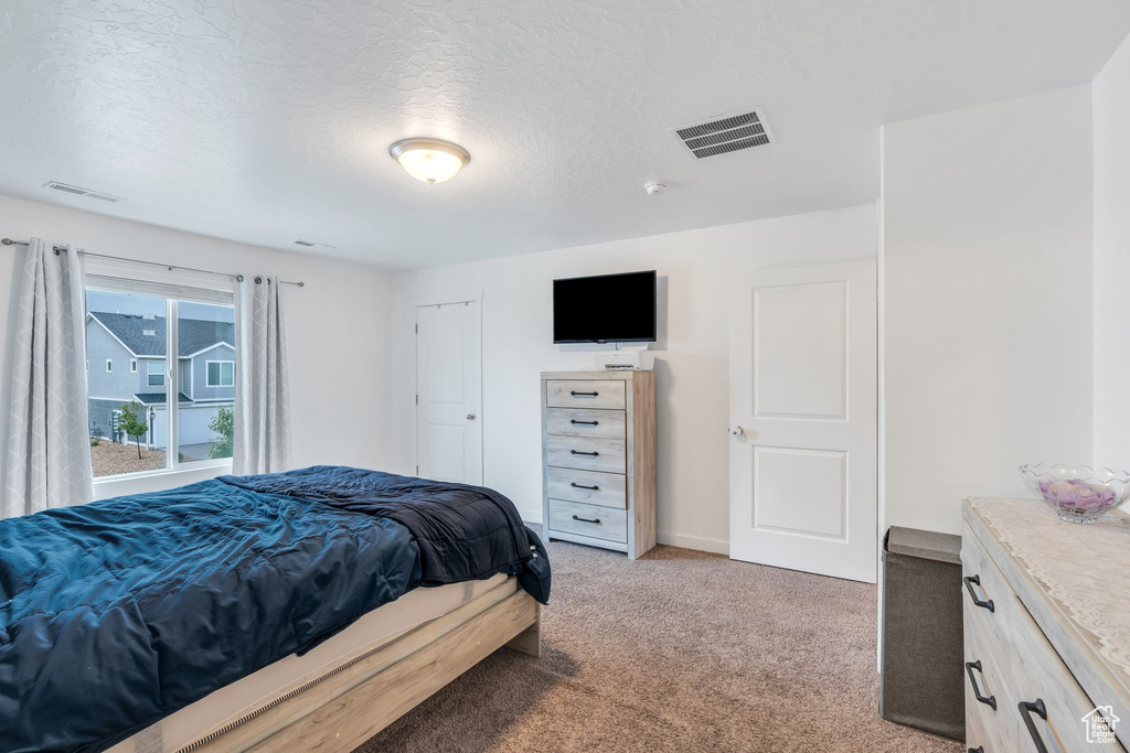 Bedroom featuring light carpet, a textured ceiling, and baseboards