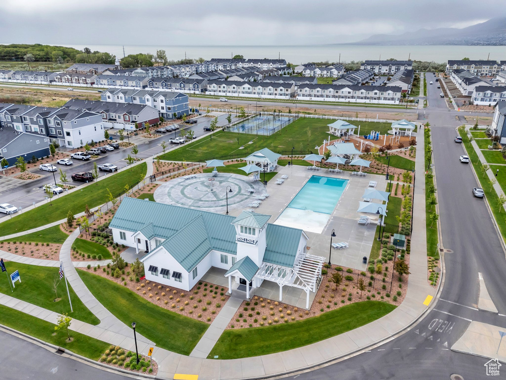 Aerial view of residential area with a pool