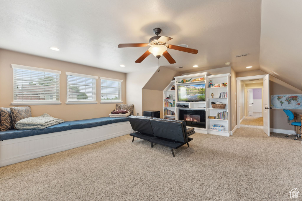 Carpeted bedroom with recessed lighting, a ceiling fan, vaulted ceiling, and baseboards