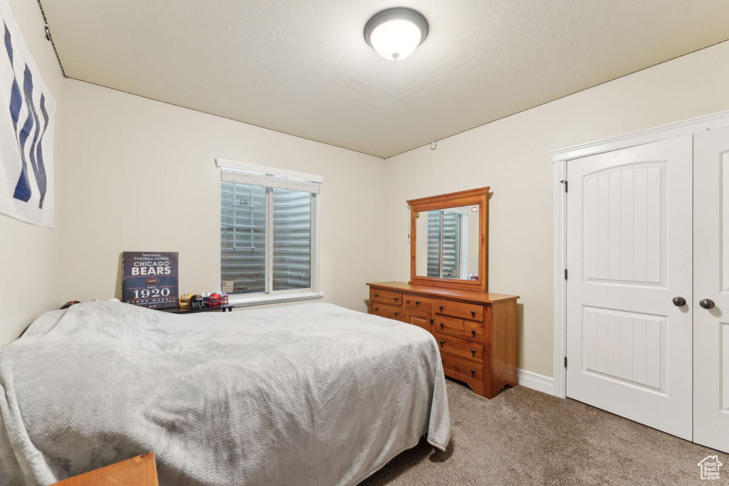 Carpeted bedroom with a closet and baseboards