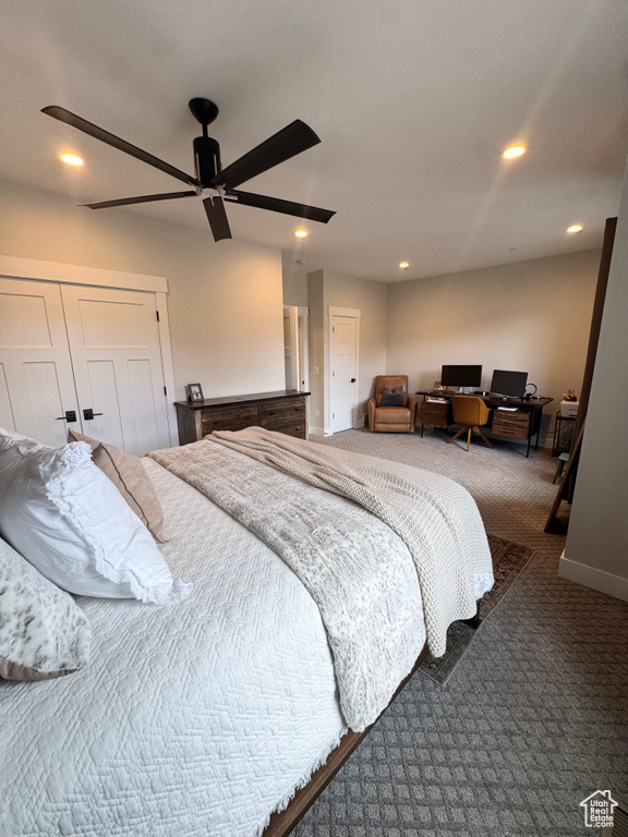 Carpeted bedroom featuring recessed lighting, a closet, and ceiling fan