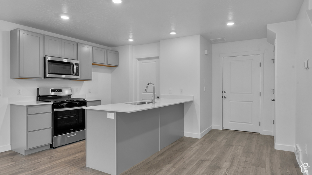 Kitchen with stainless steel appliances, a sink, gray cabinetry, light wood finished floors, and light countertops