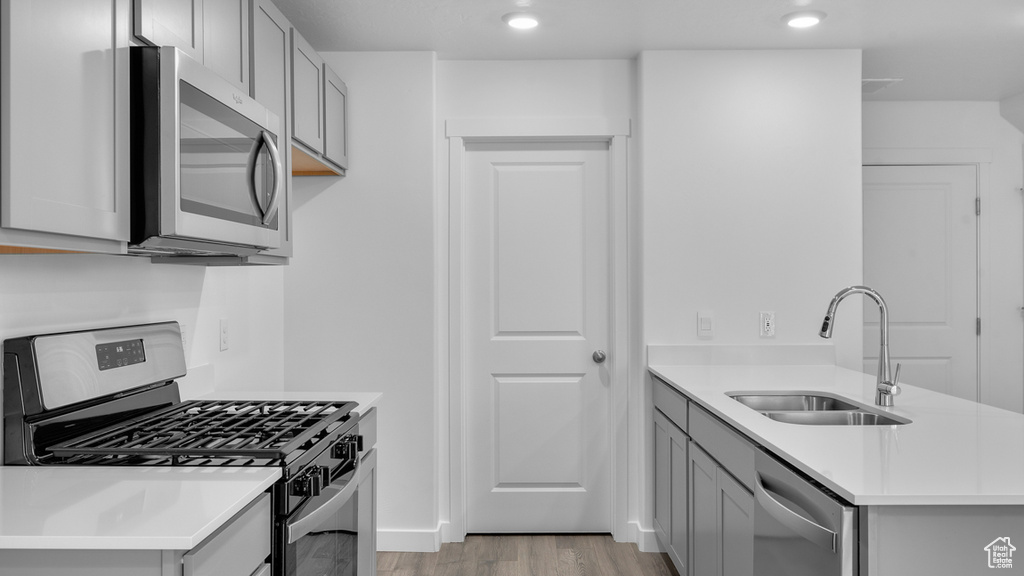 Kitchen featuring stainless steel appliances, a sink, gray cabinets, light wood-type flooring, and light countertops