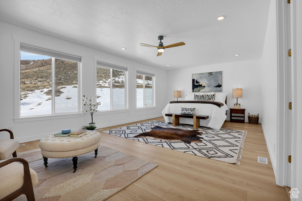 Bedroom featuring multiple windows, wood finished floors, baseboards, recessed lighting, and a textured ceiling
