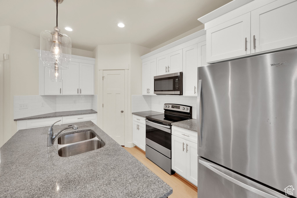 Kitchen with appliances with stainless steel finishes, a sink, white cabinets, tasteful backsplash, and recessed lighting