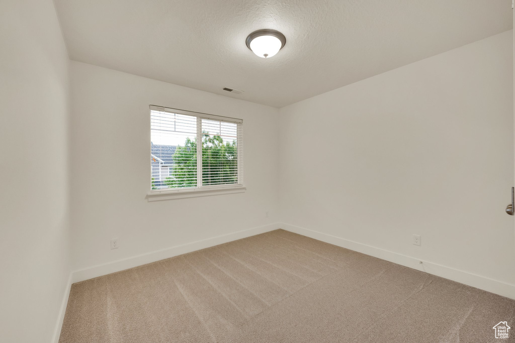 Empty room featuring light carpet, baseboards, and a textured ceiling