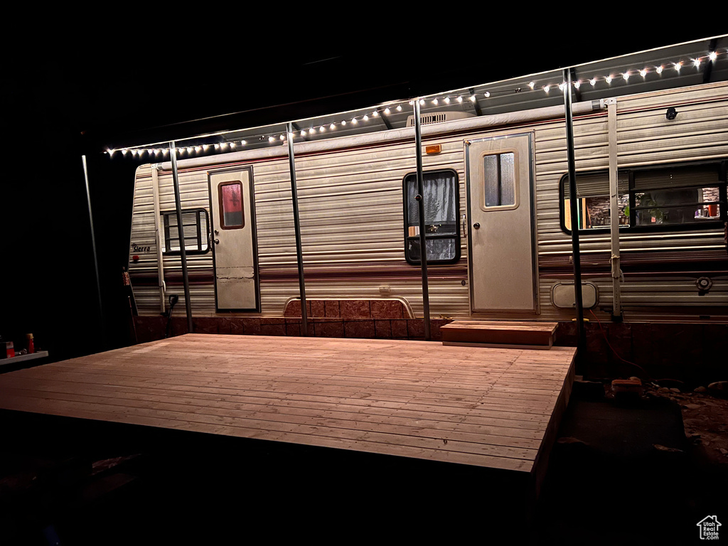 View of deck at night