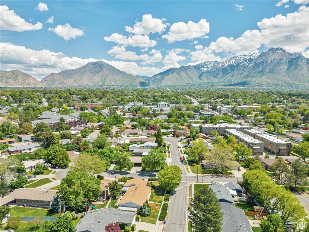 Aerial perspective of suburban area featuring mountains