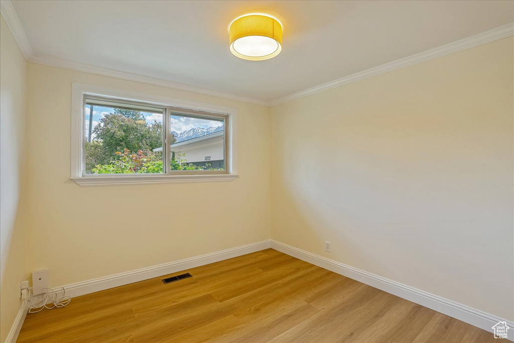 Spare room with light wood-style floors, baseboards, and ornamental molding