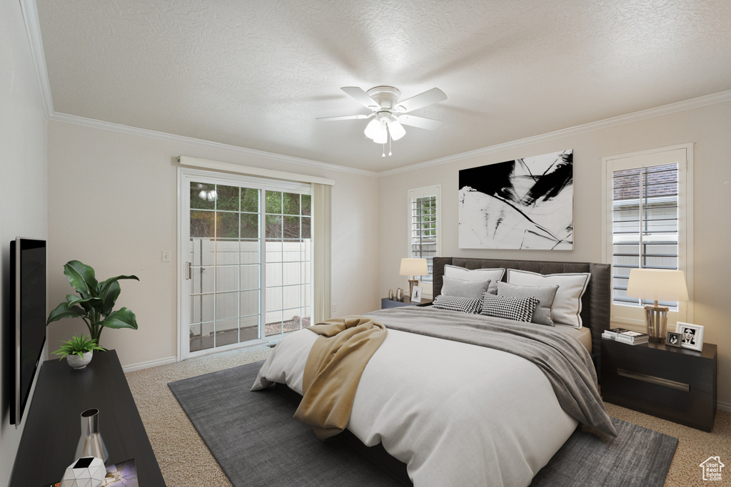 Bedroom with ornamental molding, carpet flooring, access to outside, baseboards, and ceiling fan