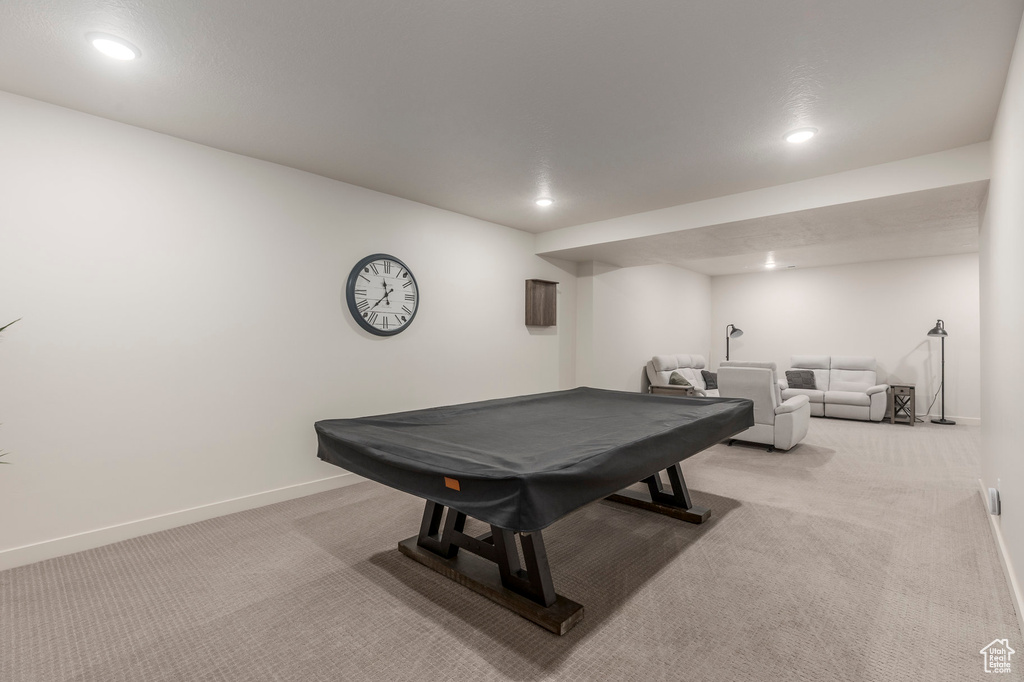 Playroom with carpet flooring, pool table, recessed lighting, and baseboards