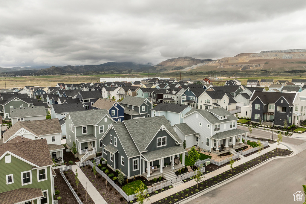 Aerial perspective of suburban area featuring mountains