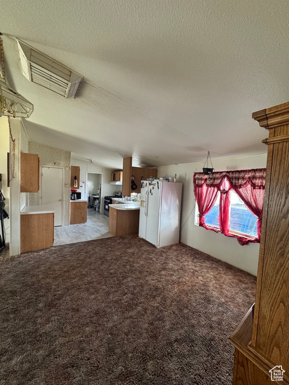 Living room featuring light carpet, a textured ceiling, and lofted ceiling