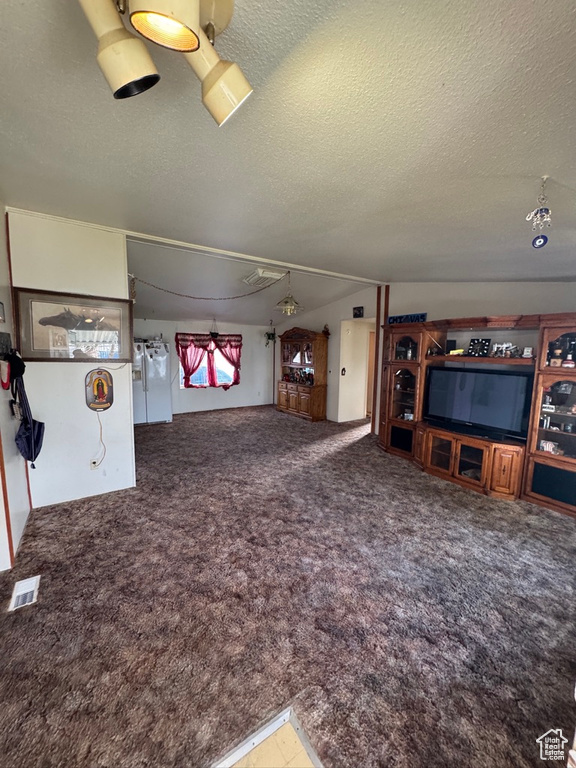 Unfurnished living room featuring carpet and a textured ceiling