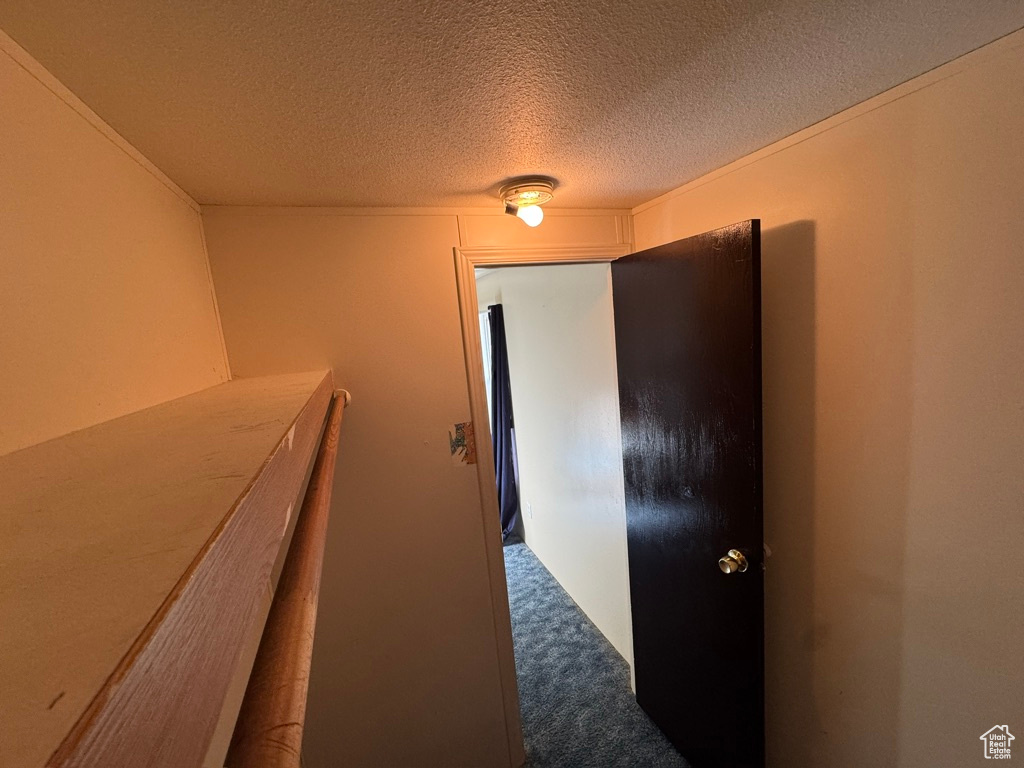 Corridor with carpet flooring and a textured ceiling