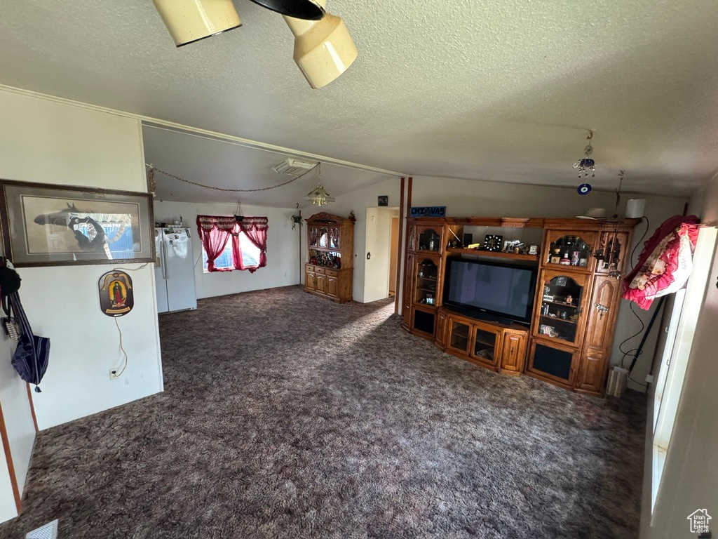 Carpeted living area featuring a textured ceiling and vaulted ceiling
