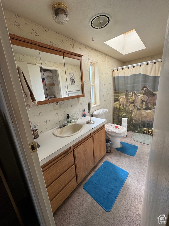 Bathroom with a skylight, vanity, toilet, and a shower with shower curtain