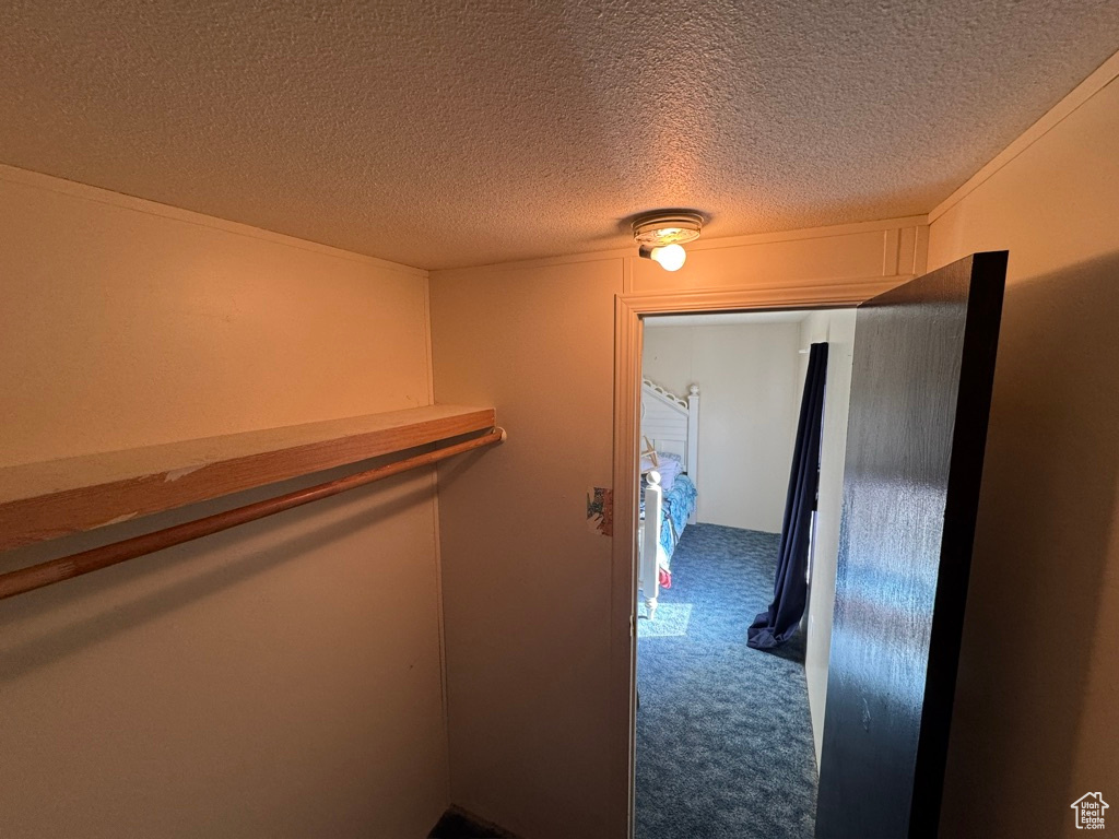 Corridor with carpet and a textured ceiling