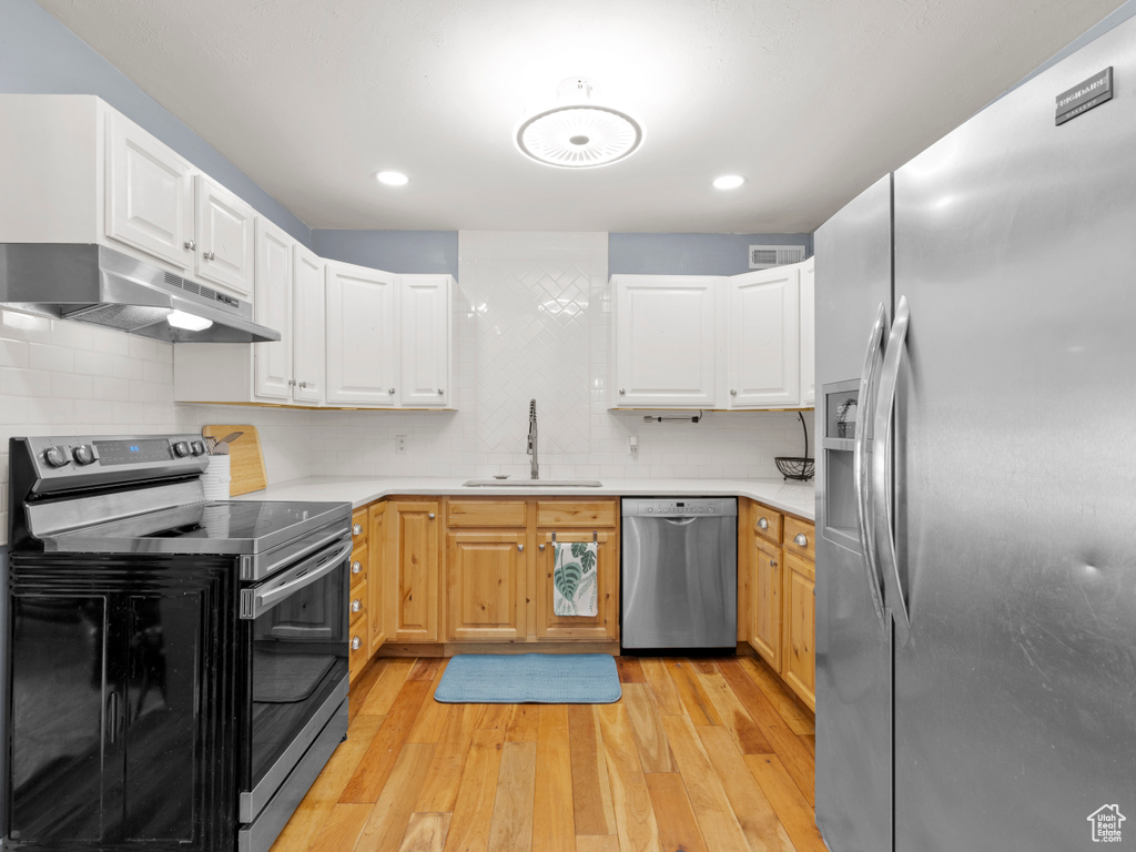 Kitchen featuring appliances with stainless steel finishes, under cabinet range hood, a sink, light wood-type flooring, and light countertops