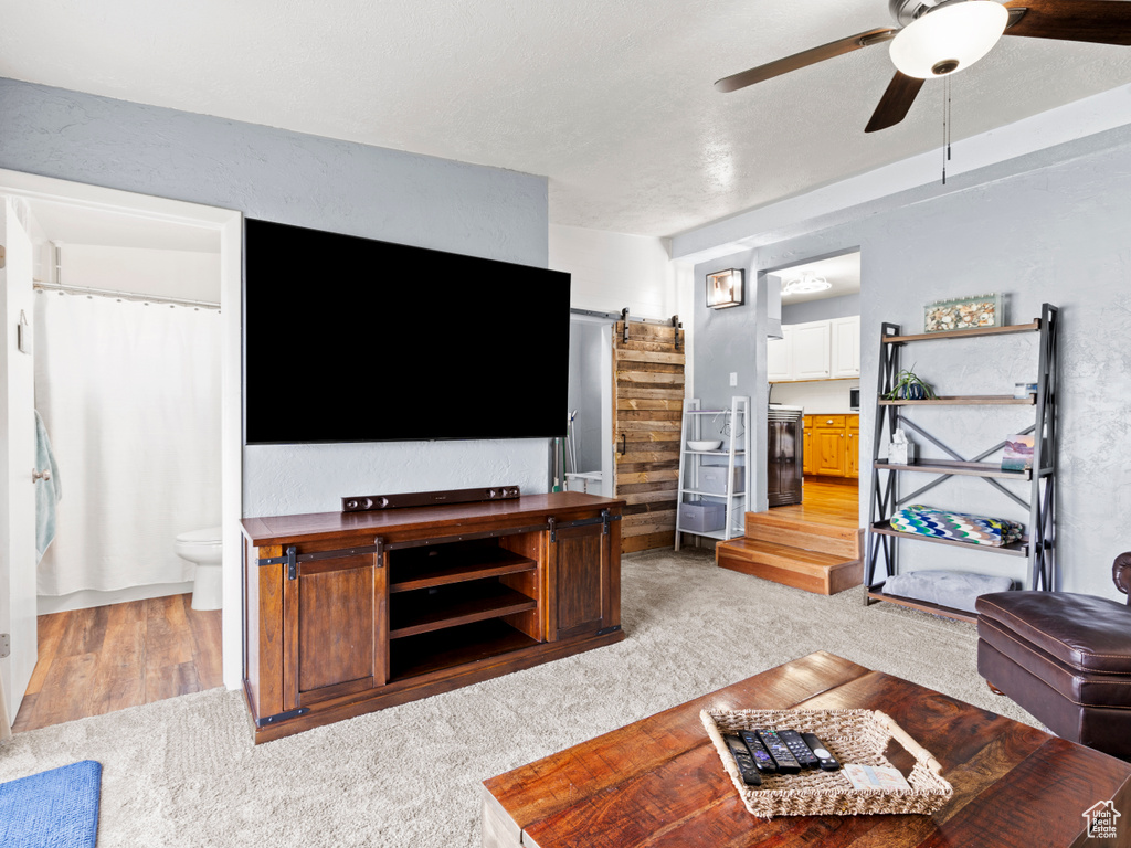 Living area featuring a ceiling fan and light carpet