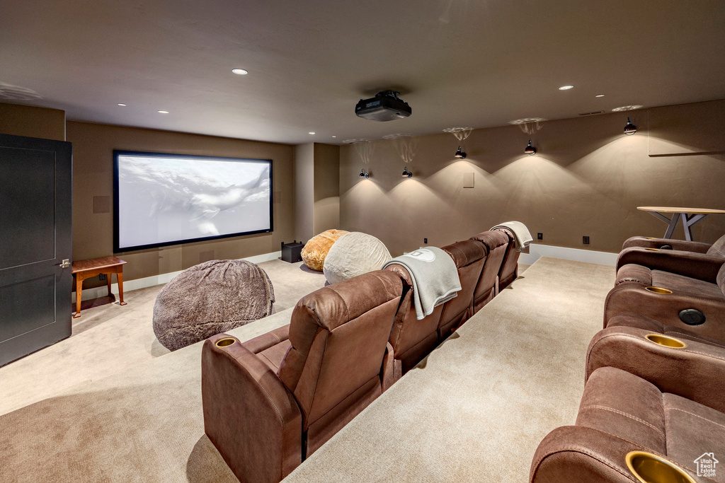 Cinema room with carpet flooring, recessed lighting, and baseboards