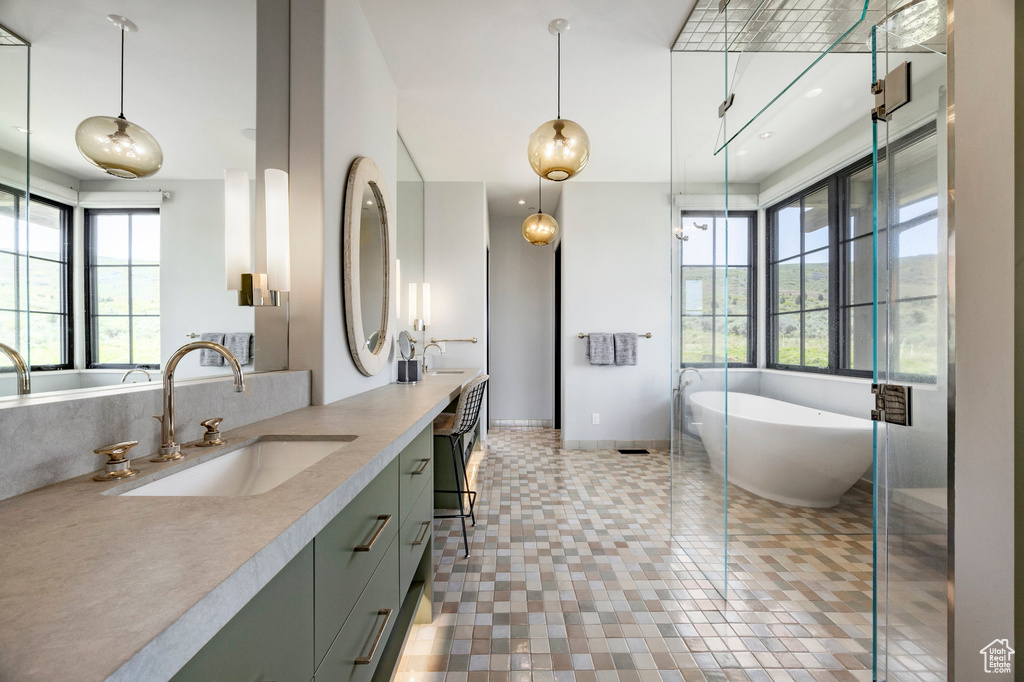 Bathroom with vanity, healthy amount of natural light, a freestanding tub, and baseboards