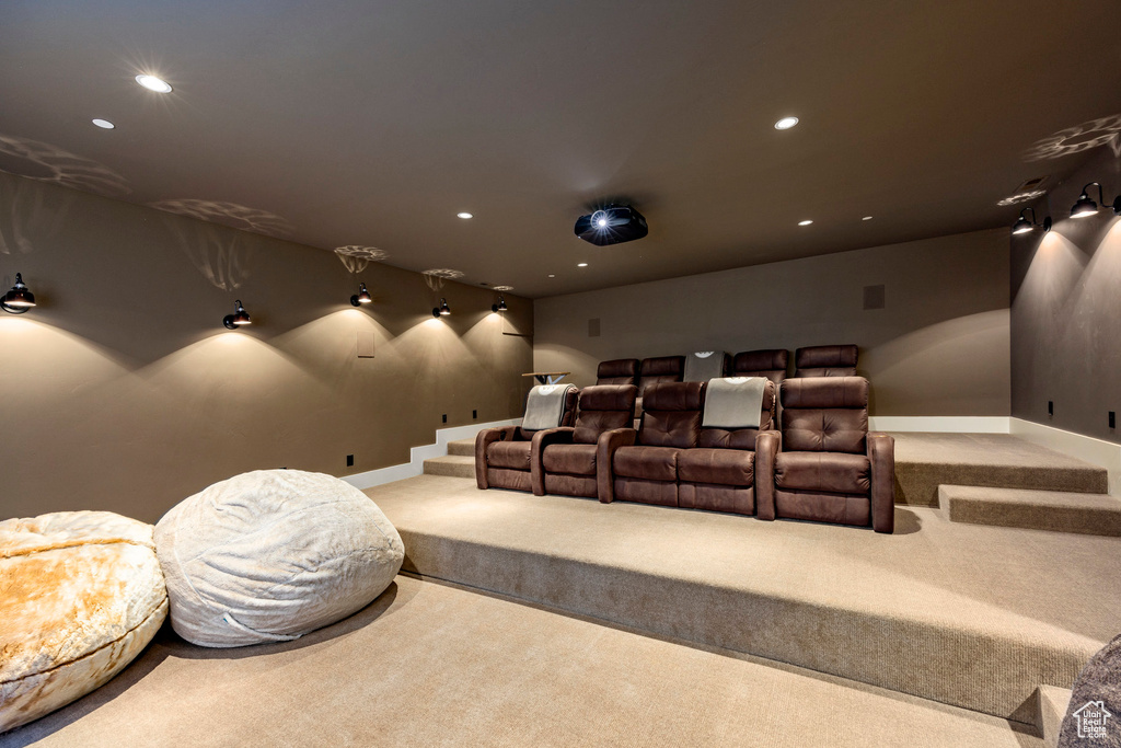 Carpeted cinema featuring recessed lighting and baseboards
