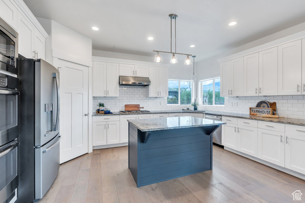 Kitchen featuring appliances with stainless steel finishes, under cabinet range hood, a sink, white cabinets, and decorative backsplash