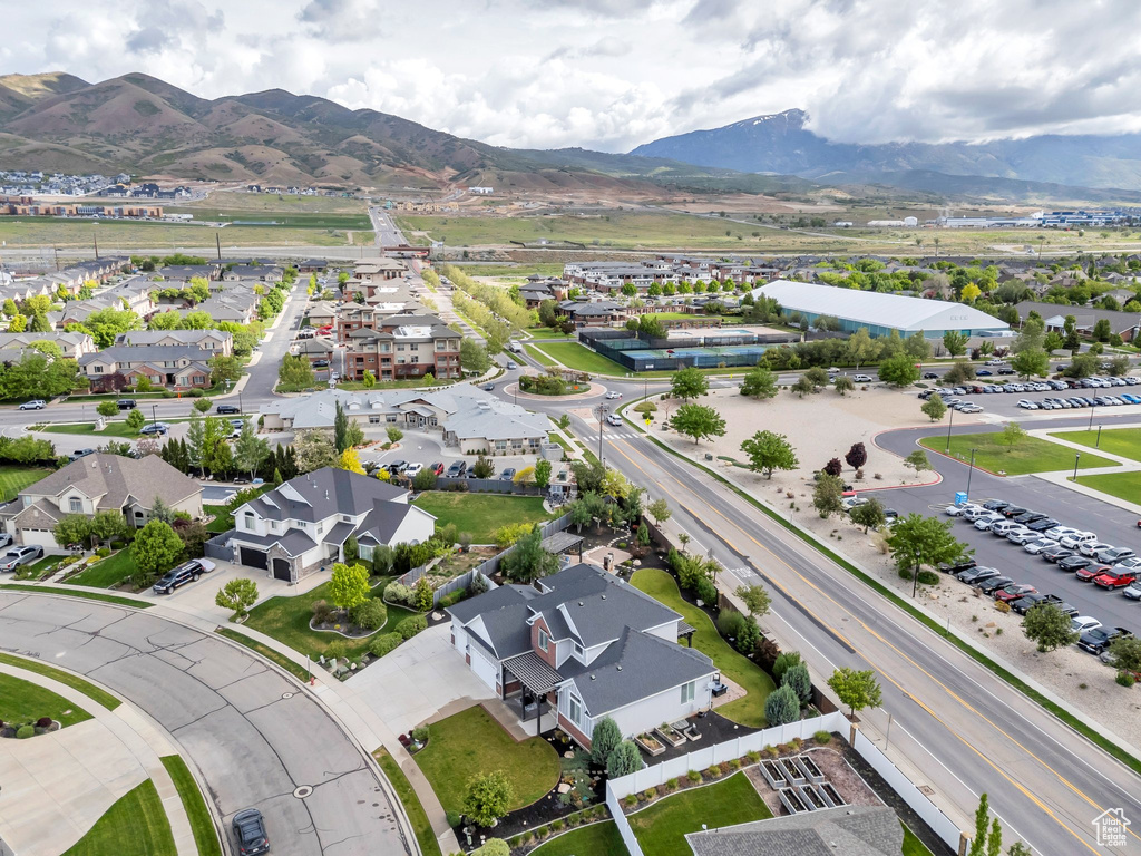 Aerial perspective of suburban area featuring mountains