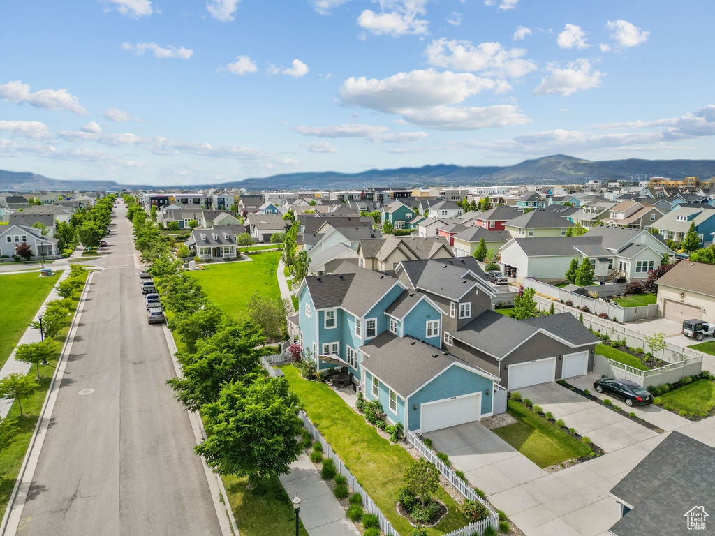 Aerial view of residential area with mountains