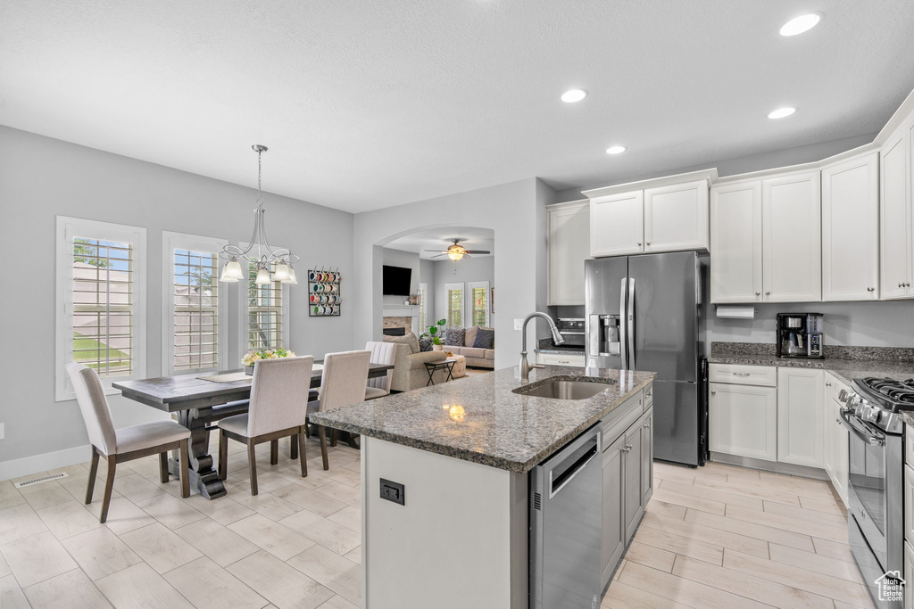 Kitchen featuring stainless steel appliances, a sink, a ceiling fan, healthy amount of natural light, and recessed lighting