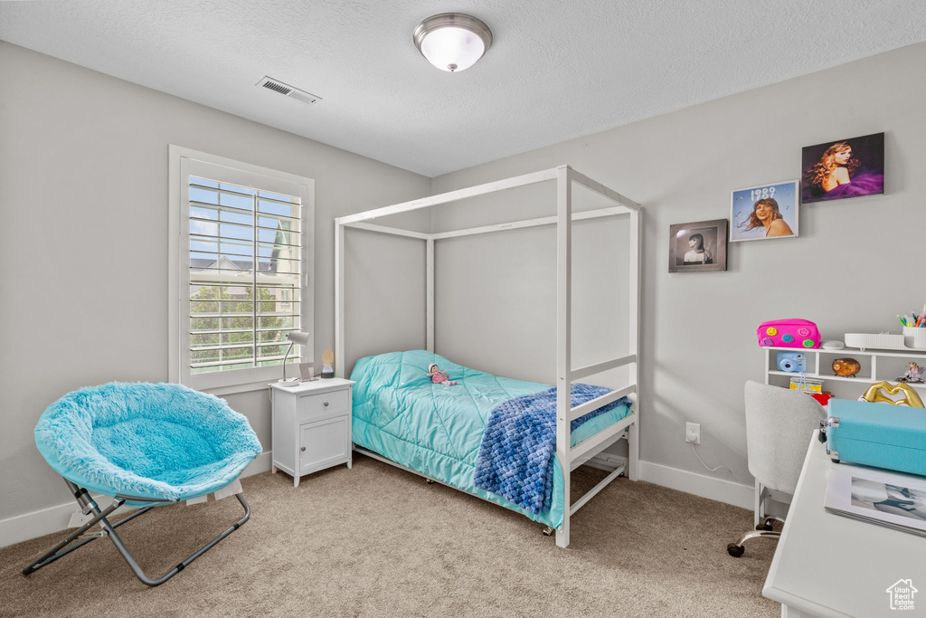Carpeted bedroom with a textured ceiling and baseboards
