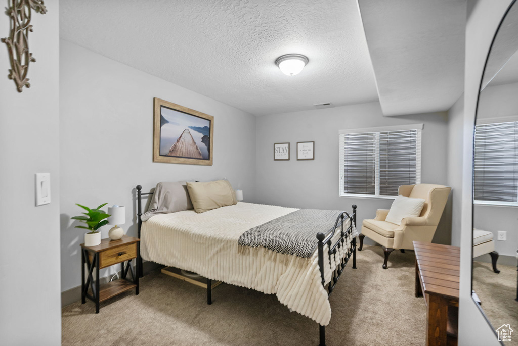 Carpeted bedroom with a textured ceiling and baseboards