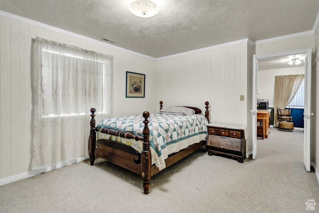 Bedroom with crown molding, carpet, a textured ceiling, and baseboards