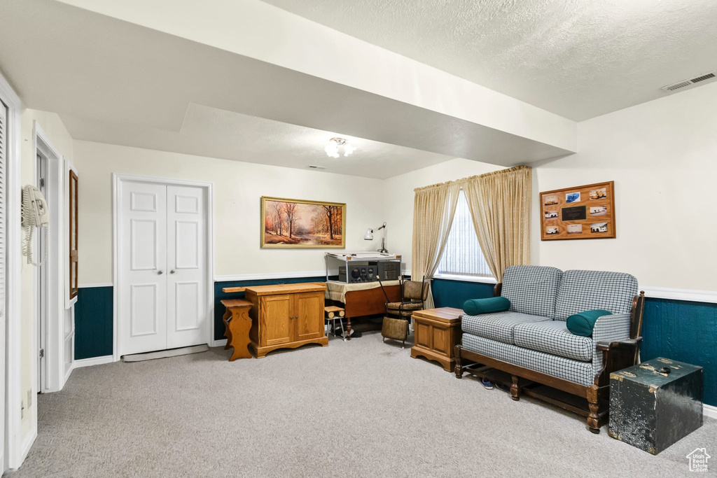 Office area with light colored carpet, a textured ceiling, and baseboards