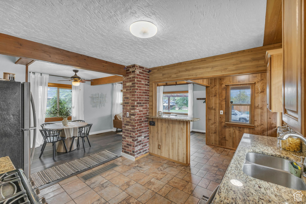 Kitchen with freestanding refrigerator, a sink, ornate columns, healthy amount of natural light, and wooden walls