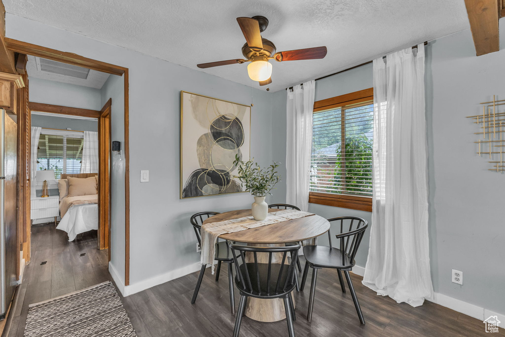 Dining room with healthy amount of natural light, dark wood-style flooring, ceiling fan, baseboards, and a textured ceiling