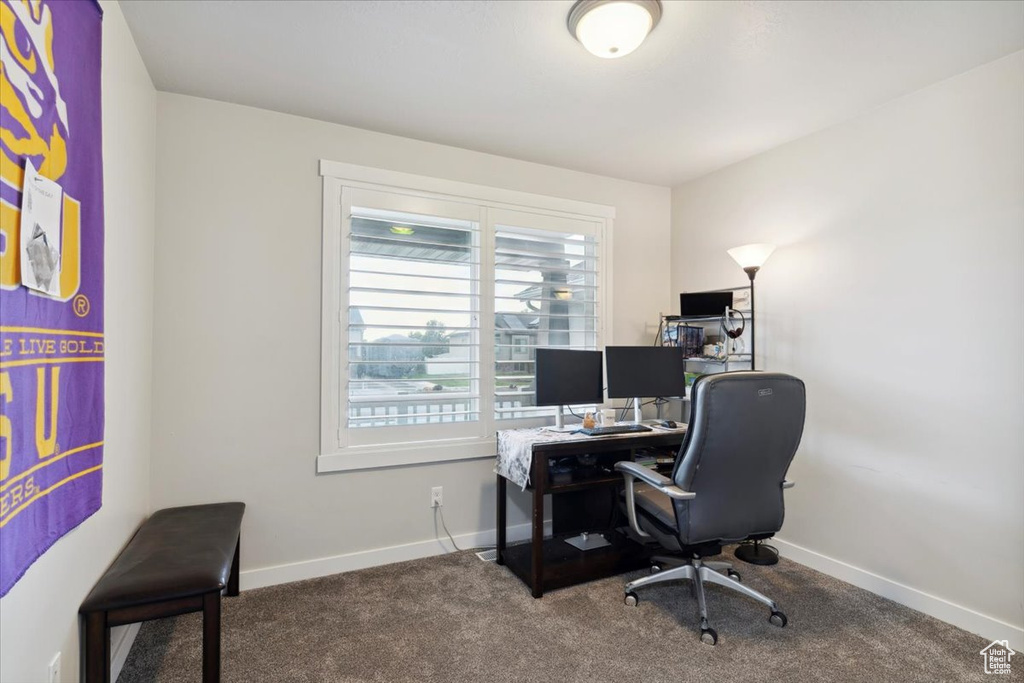 Carpeted home office with baseboards