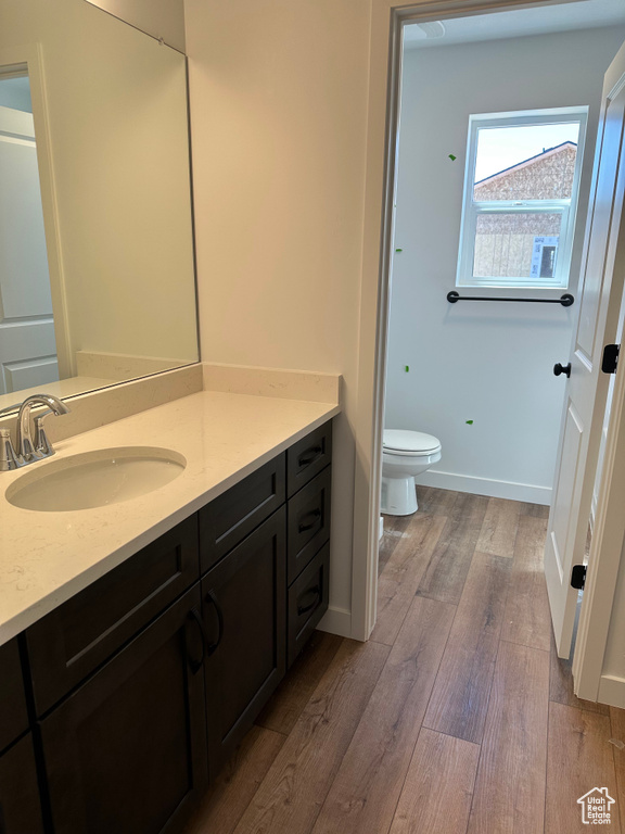 Bathroom featuring wood finished floors, toilet, and vanity